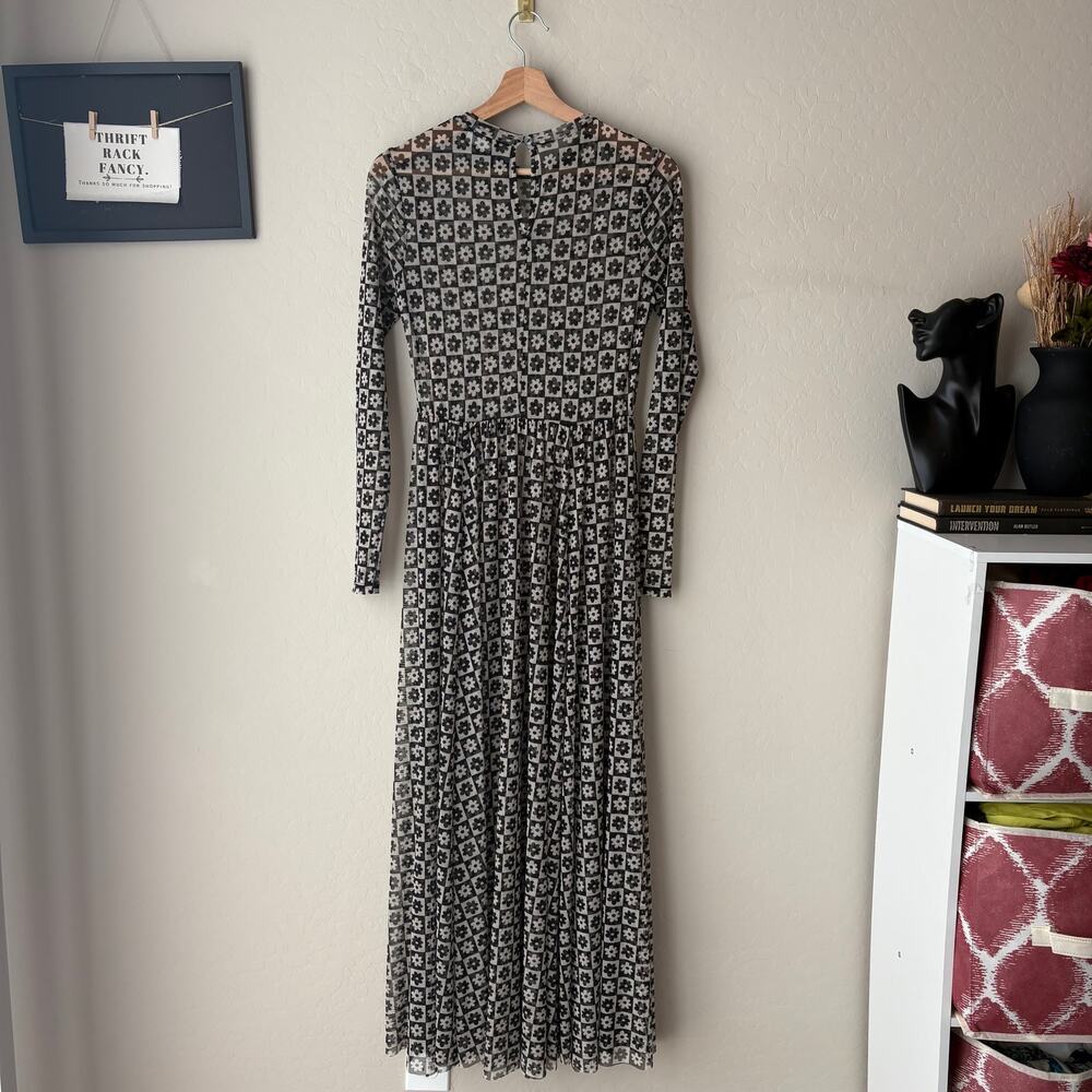 Dressed in Lala Dress Mesh Floral Checkered Long Sleeve Maxi Dress Black White S - Picture 8 of 8